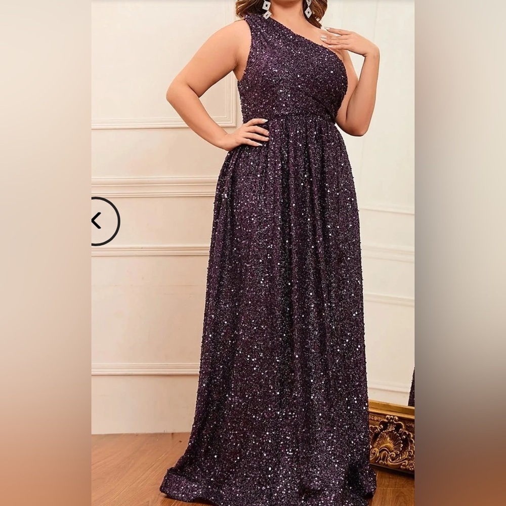 Plus One Shoulder Sleeveless Sequin A Line Dress. - Picture 4 of 5